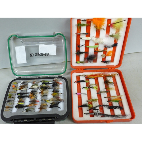2019 - A collection of fly-fishing flies, in two cases, approximately 110 in total