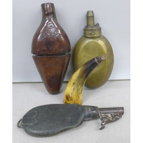 2022 - Four powder flasks, including leather and horn