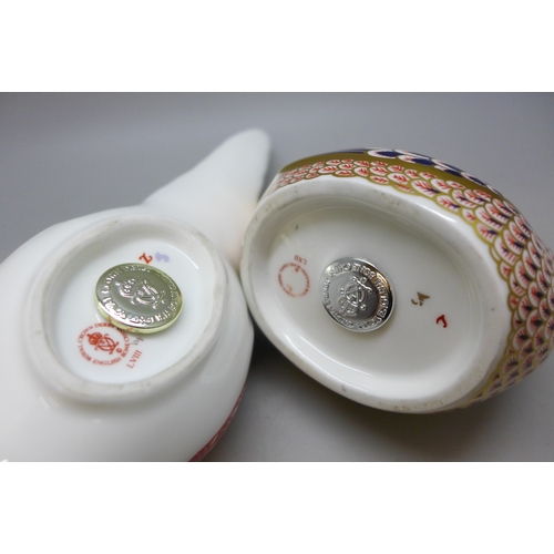 2042 - Two Royal Crown Derby paperweights, both with silver tone stoppers - a hen and a pheasant