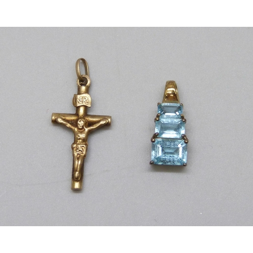 7063 - A yellow metal cross pendant, and a 9k gold pendant set with topaz, 1.8g total