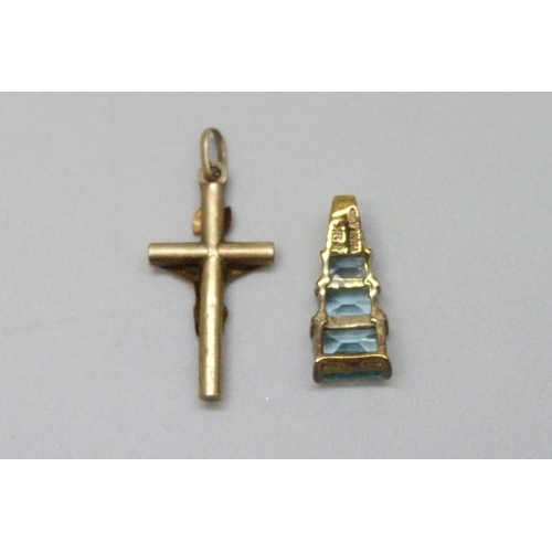 7063 - A yellow metal cross pendant, and a 9k gold pendant set with topaz, 1.8g total