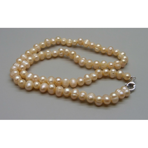 7089 - A TGGC pearl necklace with a silver clasp, 36g, 45.5cm