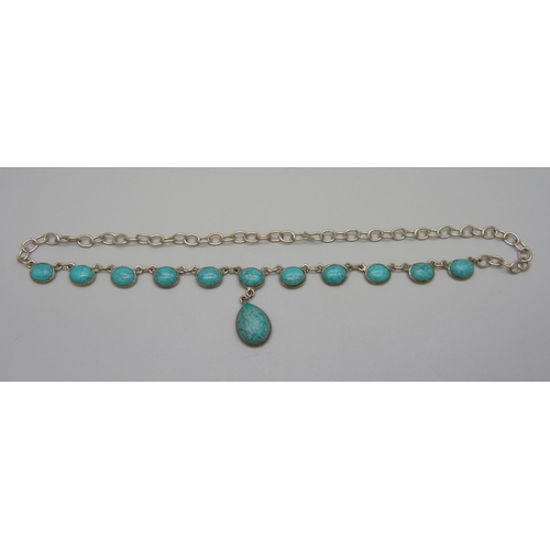 7093 - A silver and cabochon turquoise drop necklace, 17g, 45cm