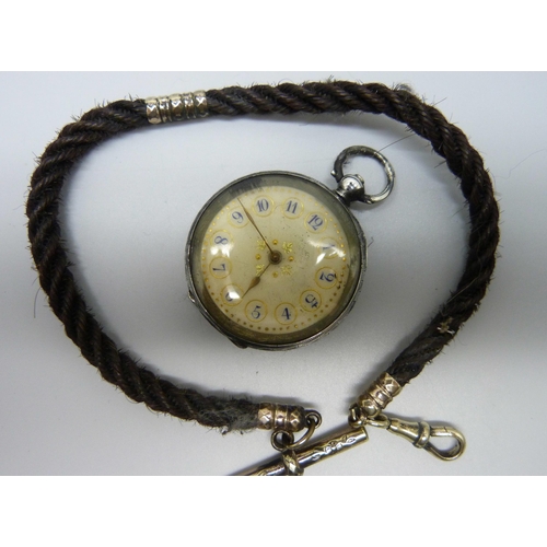 7116 - A .935 engraved silver fob watch, 39g total, together with a woven Albertina chain, possibly hair, 2... 