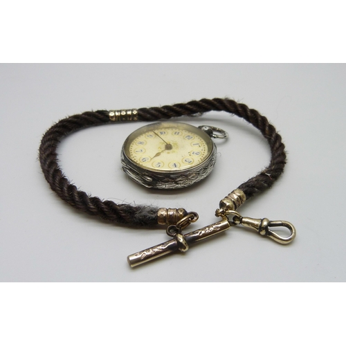 7116 - A .935 engraved silver fob watch, 39g total, together with a woven Albertina chain, possibly hair, 2... 