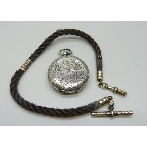 7116 - A .935 engraved silver fob watch, 39g total, together with a woven Albertina chain, possibly hair, 2... 
