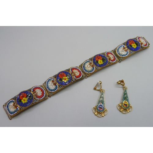 7123 - A micro mosaic bracelet, 20.5cm, and pair of drop earrings