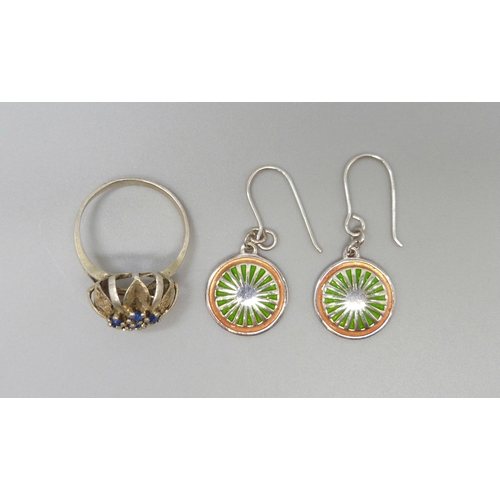 A pair of Malcolm Gray Scottish silver and enamel earrings, and a white ...
