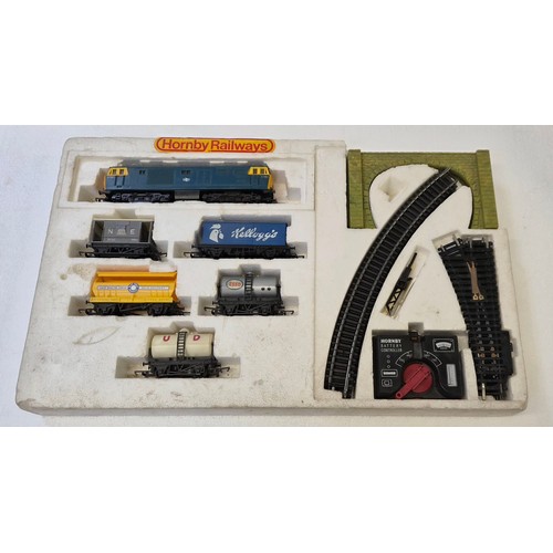 Three train sets; Hornby industrial freight set, Hornby rural rambler ...