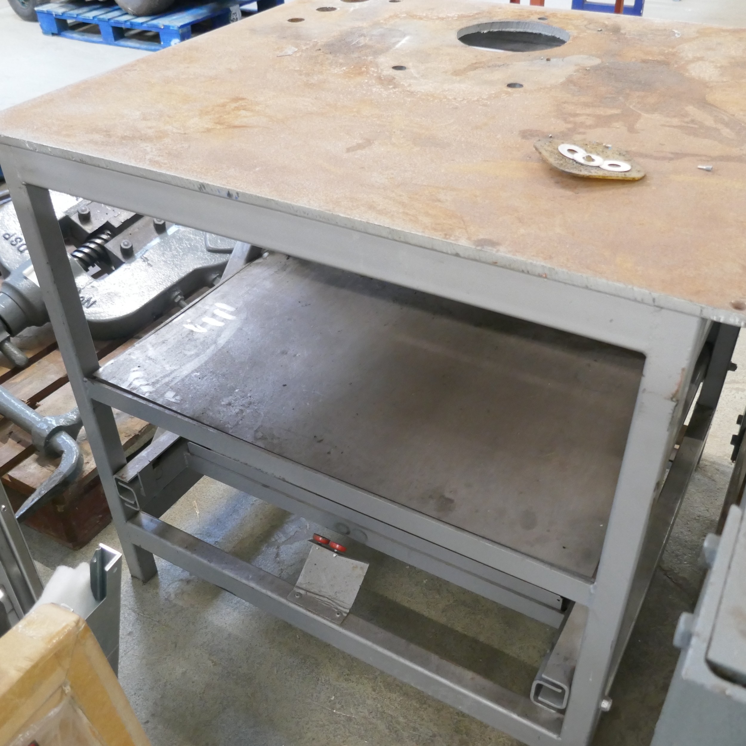 A 1m x 0.93m steel metal working table with one drawer *due to the size ...