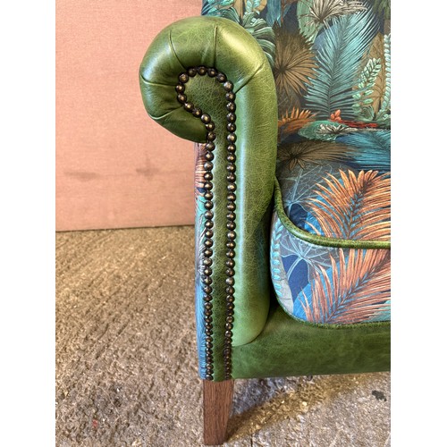3009 - A Hexham kingfisher fabric and bottle green leather 2 seater sofa (HEX2-VERDE) (CFD-315-2)
