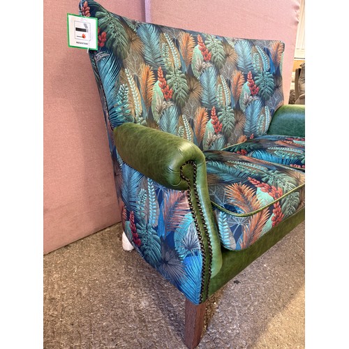 3009 - A Hexham kingfisher fabric and bottle green leather 2 seater sofa (HEX2-VERDE) (CFD-315-2)