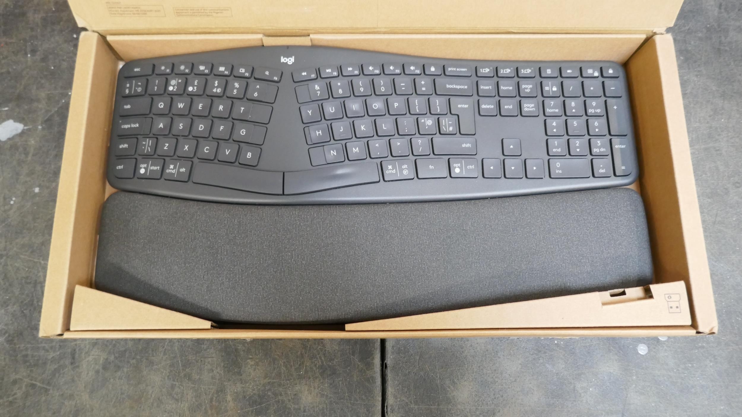 A boxed Logitech Ergo K860 Business keyboard