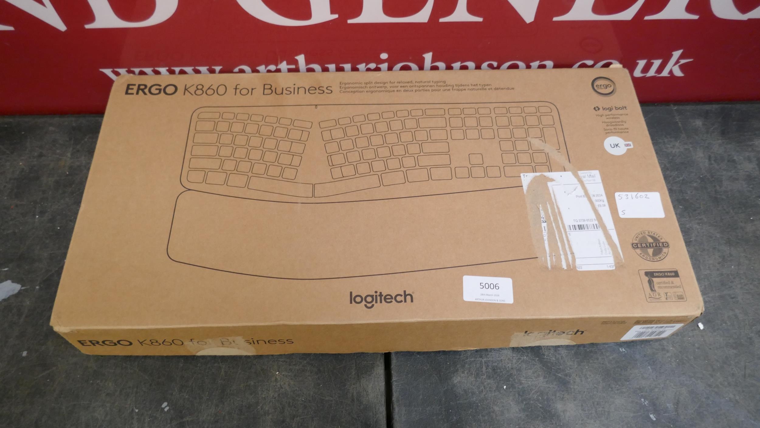 A boxed Logitech Ergo K860 Business keyboard