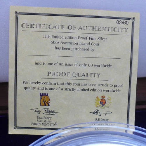 7268 - Coins - Pobjoy Mint, a 2012 60oz Ascension Island fine .999 silver proof coin, mintage limited to 60... 