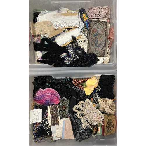 2094 - Two boxes of vintage lace, trims, haberdashery, etc.