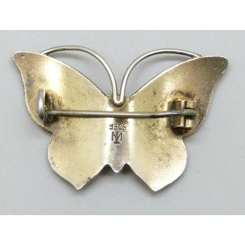 7042 - A Marius Hammer Norwegian .930 silver and enamel butterfly brooch, 3.2cm wingspan