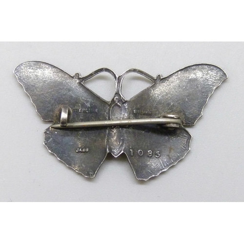 7045 - An early 20th Century silver and enamel butterfly brooch, number 1085, John Atkins & Son, 3.8cm wing... 