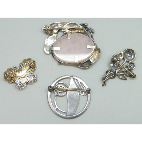 7052 - Three silver brooches including a Kit Heath example, an Art Nouveau example set with rose quartz, an... 