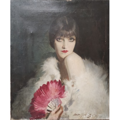 298 - British School, an Art Deco half portrait of a glamorous lady, oil on canvas, indistinctly signed, u...