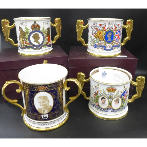 2060 - Three large Paragon commemorative loving cups, boxed, and a large Caverswall three handled cup