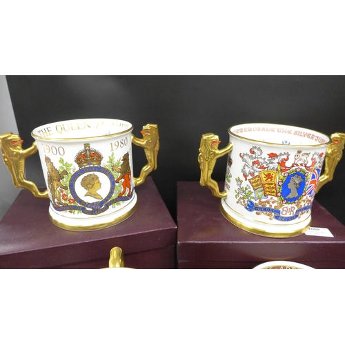 2060 - Three large Paragon commemorative loving cups, boxed, and a large Caverswall three handled cup