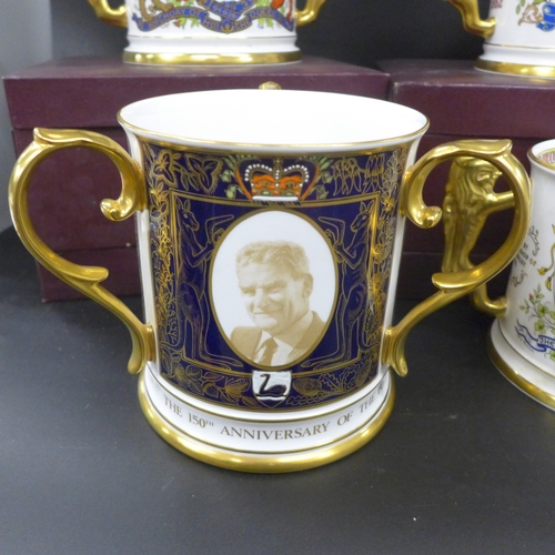 2060 - Three large Paragon commemorative loving cups, boxed, and a large Caverswall three handled cup