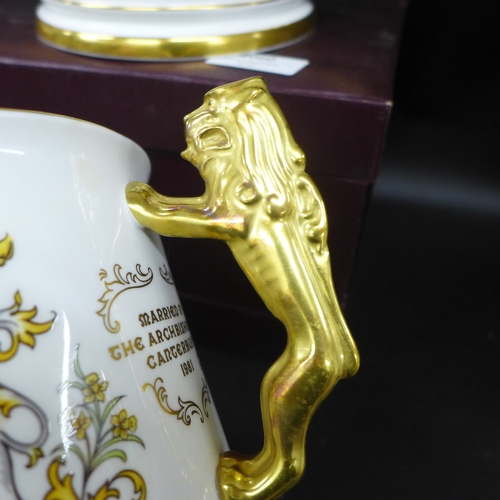 2060 - Three large Paragon commemorative loving cups, boxed, and a large Caverswall three handled cup