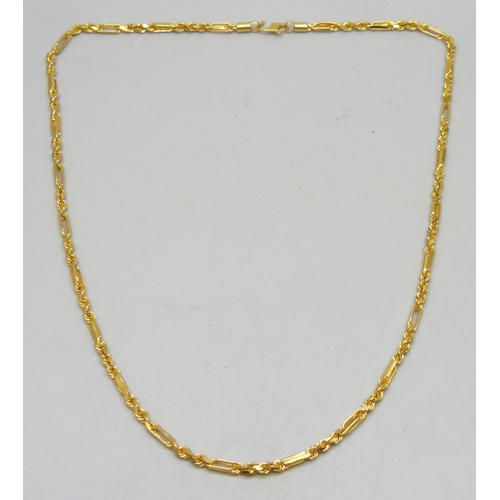 7230 - A yellow metal fancy link necklace chain, indecipherable marks to clasp, 23g, 50cm