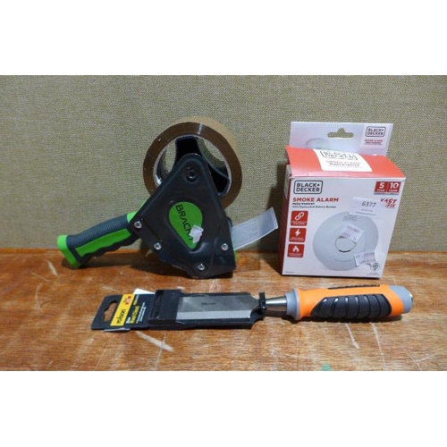 A Black & Decker smoke alarm, Rolson wood chisel and a tape dispenser ...