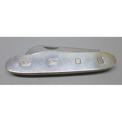 7332 - A silver mounted pocket knife with two blades - curved and saw, Rodgers, Sheffield, hallmarked Londo... 