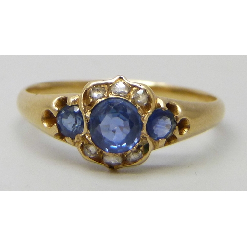 7061 - A yellow metal, sapphire and rose cut diamond ring, 1.9g, O/P