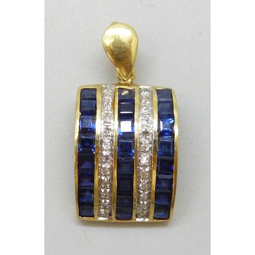7069 - An 18ct gold sapphire and diamond pendant, stamped 18K, 3g, 2.2cm including bail
