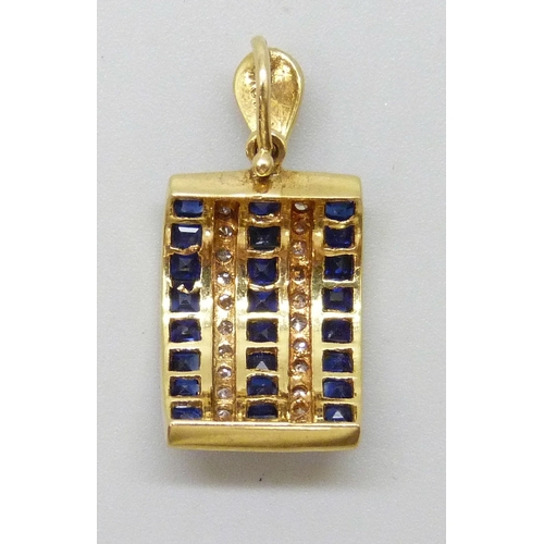 7069 - An 18ct gold sapphire and diamond pendant, stamped 18K, 3g, 2.2cm including bail