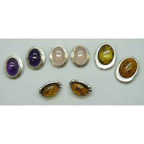 7092 - A collection of silver and gemstone stud and clip on earrings, 51g total
