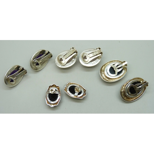 7092 - A collection of silver and gemstone stud and clip on earrings, 51g total