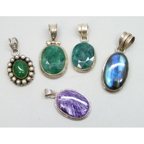 7094 - A collection of five silver gemstone set pendants, 42g total