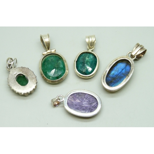7094 - A collection of five silver gemstone set pendants, 42g total
