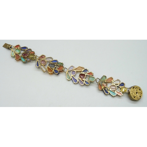 7108 - A Chinese export gilt metal gemstone set bracelet including lapis lazuli, rose quartz, turquoise and... 