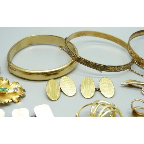 7111 - Three rolled gold bangles, a rolled gold cameo brooch, a rolled gold lead brooch, a pair of rolled g... 