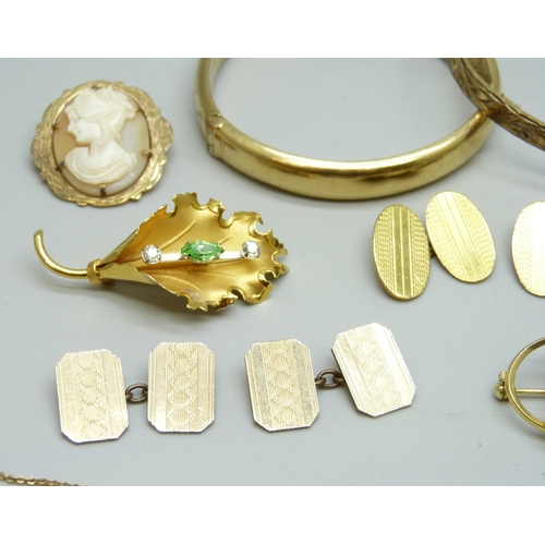 7111 - Three rolled gold bangles, a rolled gold cameo brooch, a rolled gold lead brooch, a pair of rolled g... 
