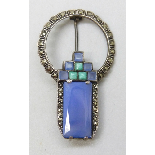 7113 - An Art Deco .935 silver, marcasite, Peking glass and possibly chalcedony brooch, 4.5cm
