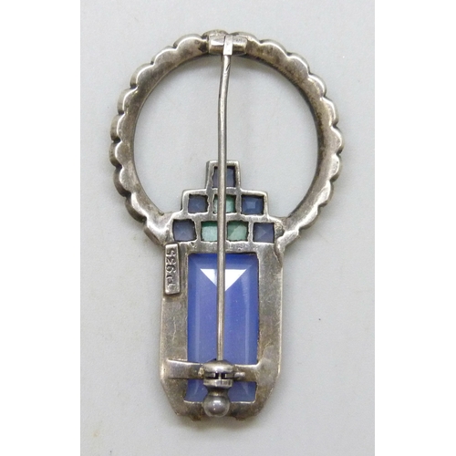 7113 - An Art Deco .935 silver, marcasite, Peking glass and possibly chalcedony brooch, 4.5cm