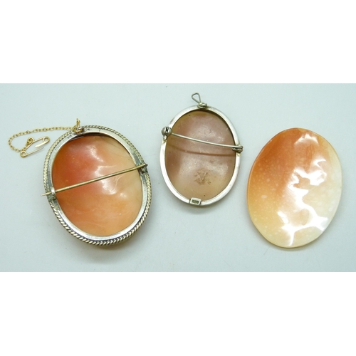 7114 - Two cameo brooches including a .800 silver example, and an unmounted cameo, largest 5.1cm