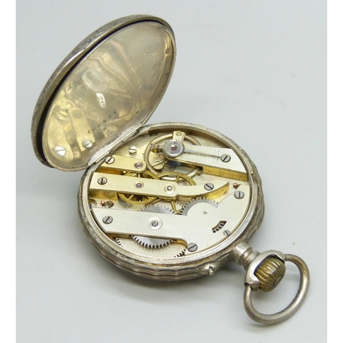 7154 - A pocket watch, a .935 silver miniature photograph frame, 33g, two silver rings, and a gilt coin bro... 
