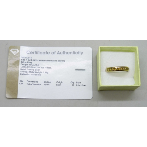 7175 - A silver gilt yellow tourmaline band ring, P/Q, and certificate