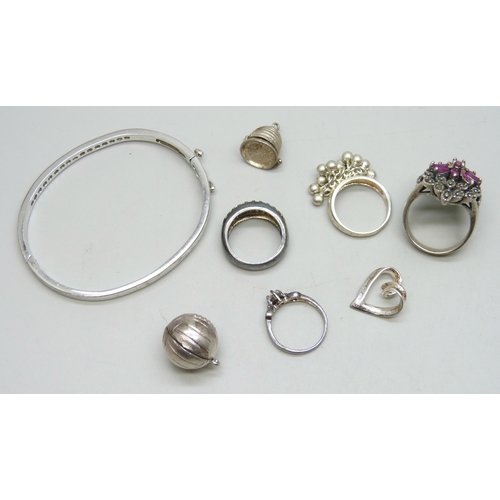 7177 - A collection of silver jewellery, and a white metal pendant in the form of a football (opens), 56g t... 