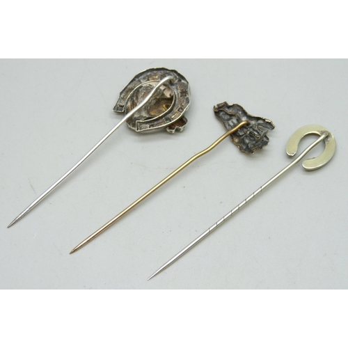 7178 - Three unmarked horse and horseshoe design stick pins