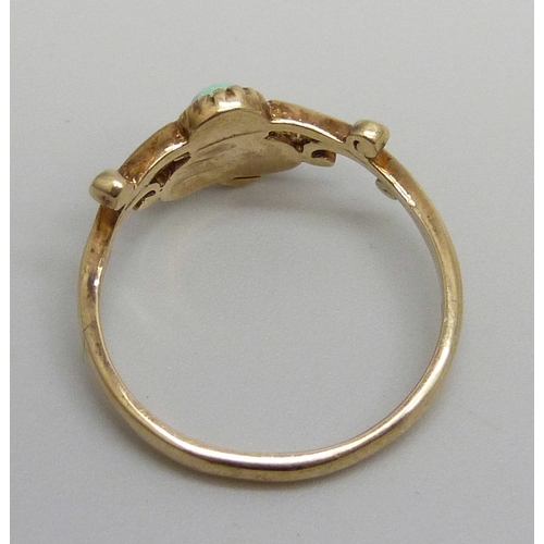 7145 - A 9ct gold and opal three stone ring, 1.8g, M