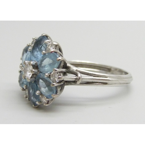 7146 - A white metal, diamond and possibly aquamarine cluster ring, 4.9g, O